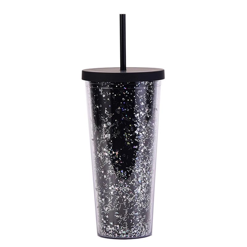 24Oz Double-Layer Plastic Cup Men'S And Women'S Sequined Shallots Glitter Creative Water Cup With Straw