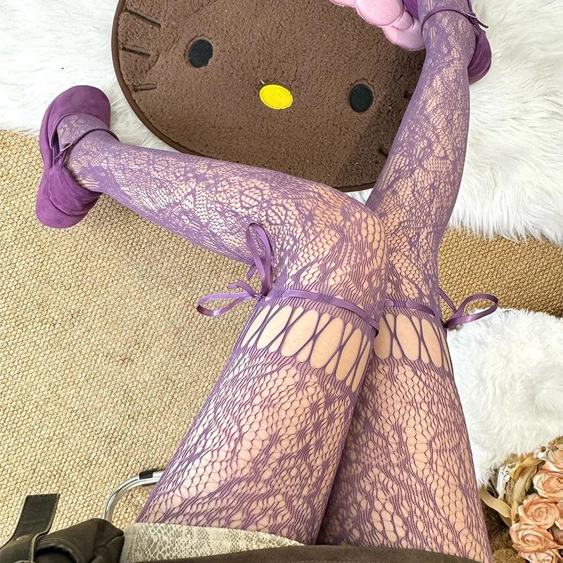 2025 Y2K Lolita Women Lace Up Tights Classic Lace Mesh Hollow Out Stocking Bottomed Pantyhose Retro Rattan Stocking