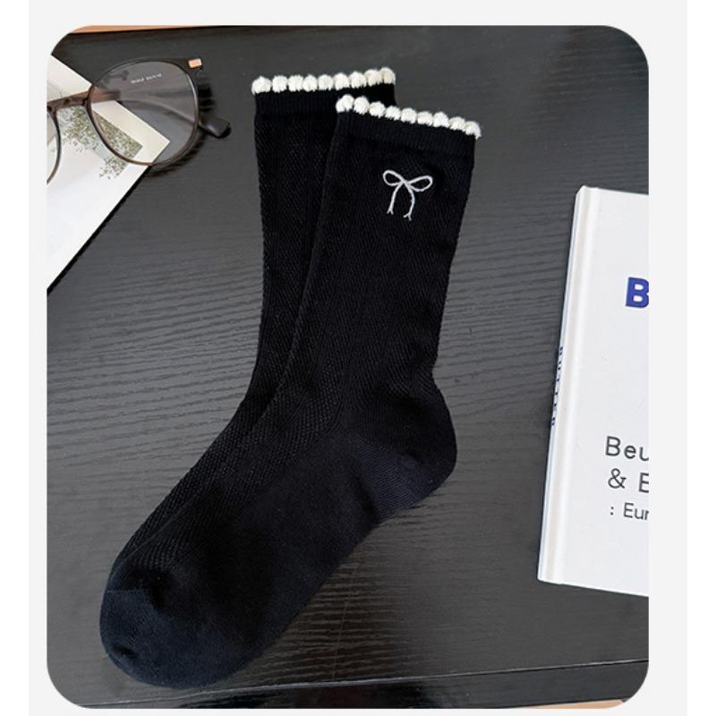 

Летние носки женские в школьном стиле с бантом, тонкие дышащие носки, бесшовные носки до середины икры против образования катышков 1 pair