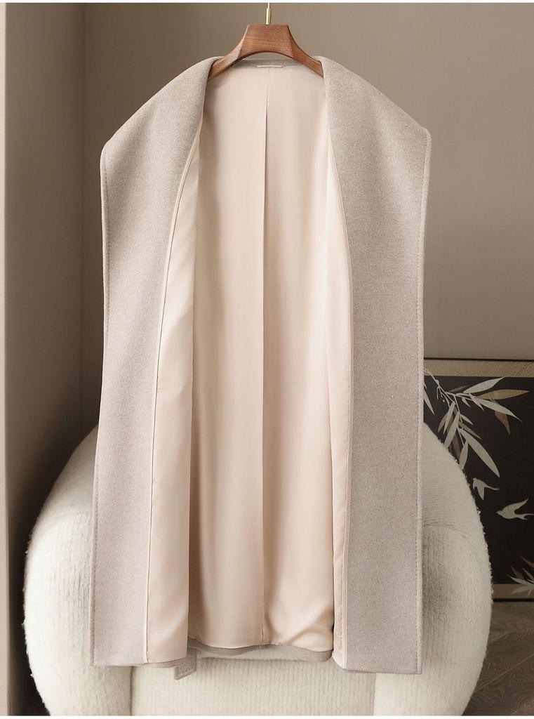Women's 2026 Spring New Long Wool Double-Faced Coat with Large Lapel and Belted Waist