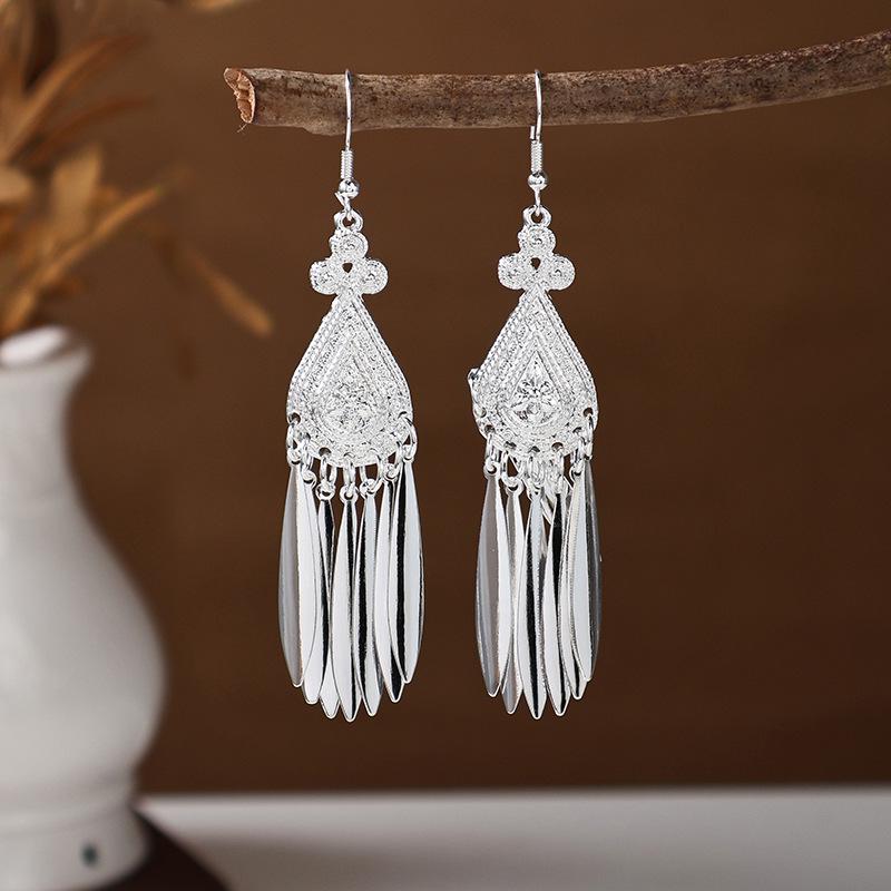 Ethnic Miao Silver Tassel Earrings - Retro Long Dangle Scenic Studs for Women