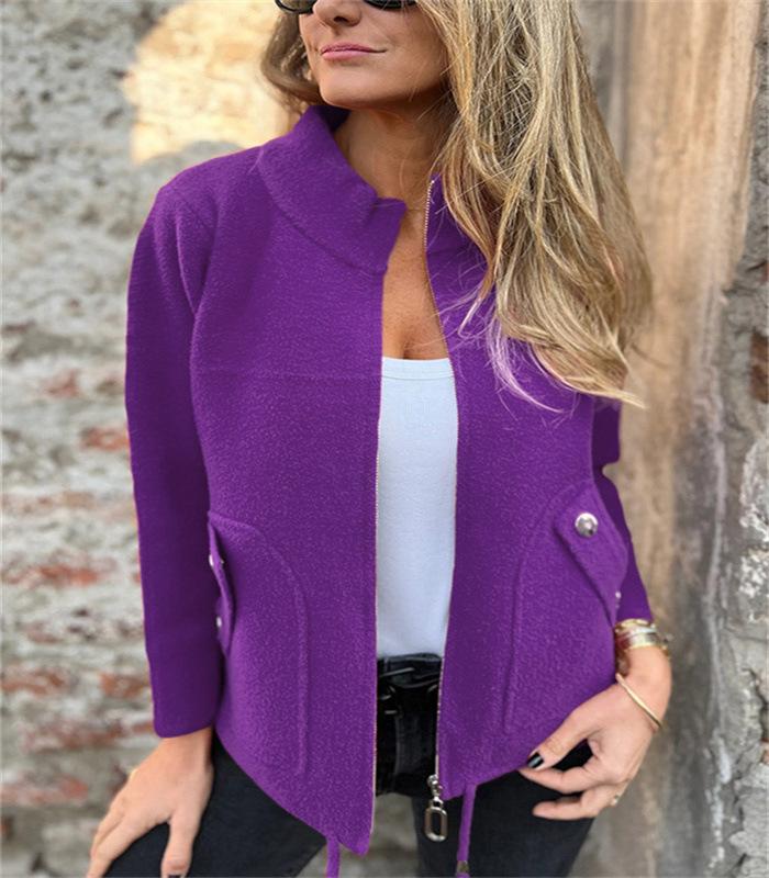 Women's Grey Stand Collar Short Jacket with Multiple Color Options