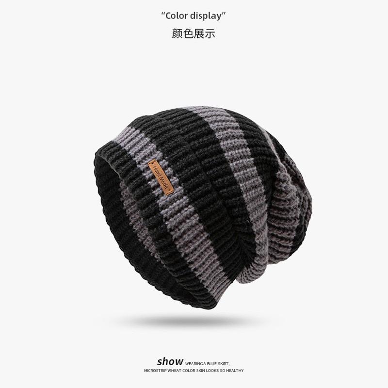 Womens Knit Beanie Hat With Striped Warm Ear Protection Winter Cap Adjustable Foldable
