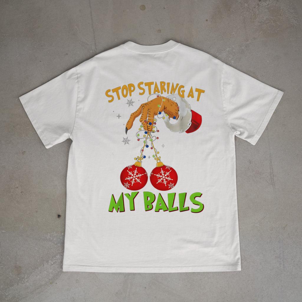 Stop Staring Funny Christmas Adult Humor Graphic Unisex T-Shirt Back Print