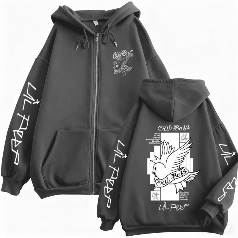Rapper Lil Peep Crybaby Album Grafic Hanorac cu Fermoar Bărbați Hip Hop Modă Jachetă cu Fermoar Hanorace cu Fermoar Supradimensionate pentru Bărbați S gray