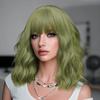 Green Short Water Wave Synthetic Wig Bangs Natural Hairline Transparent High-Temperature Fiber Women's Daily Wear Cosplay