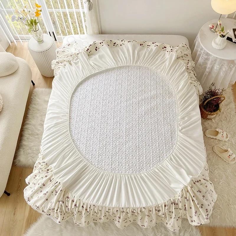 1pc Pure Cotton Thicken Quilted Mattress Cover with Skirt Queen/King Bed Sheet Skirt Elastic Band 200x220cm (No Pillowcase)