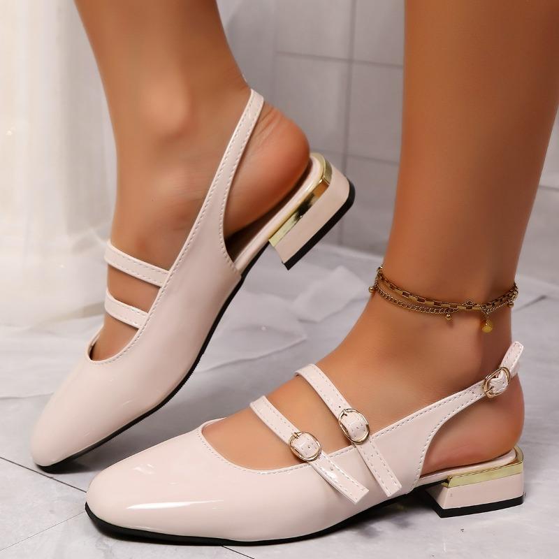 Damenmode Quadratische Spitze Flacher Ausschnitt Metallschnalle Weiche Sohle Rutschfest Quadratischer Absatz Schuhe Bao Spitze Niedriger Absatz Sandalen