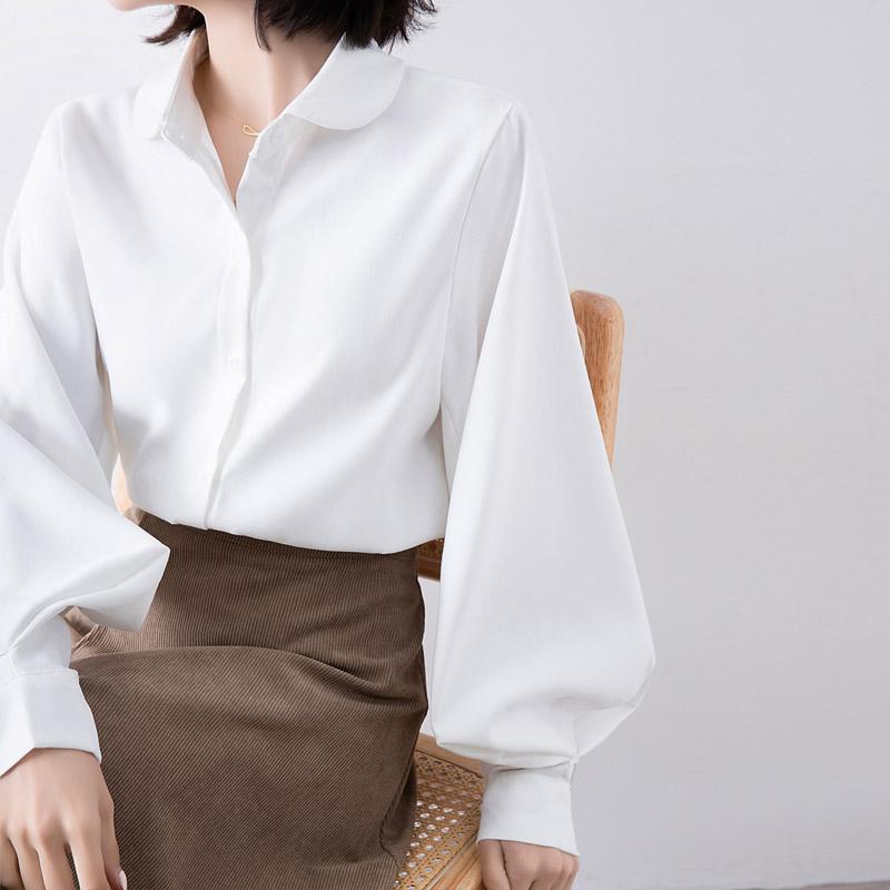 Spring Autumn New Korean Fashion Simple Shirt Fashion Women Lantern Long Sleeve Loose Office Blouse Doll Collar Top Casual Loose Simple Clothes 2595