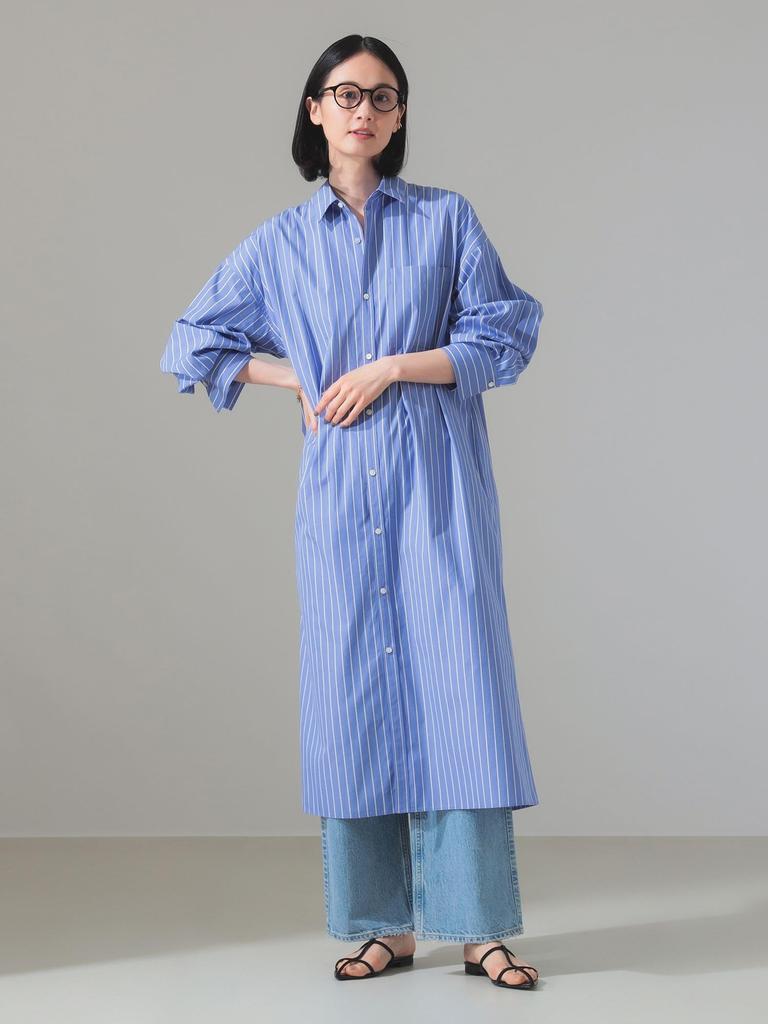 Beams Shirt Blue One Size Demi-Luxe Women's Back-Open Dress, Stripe,