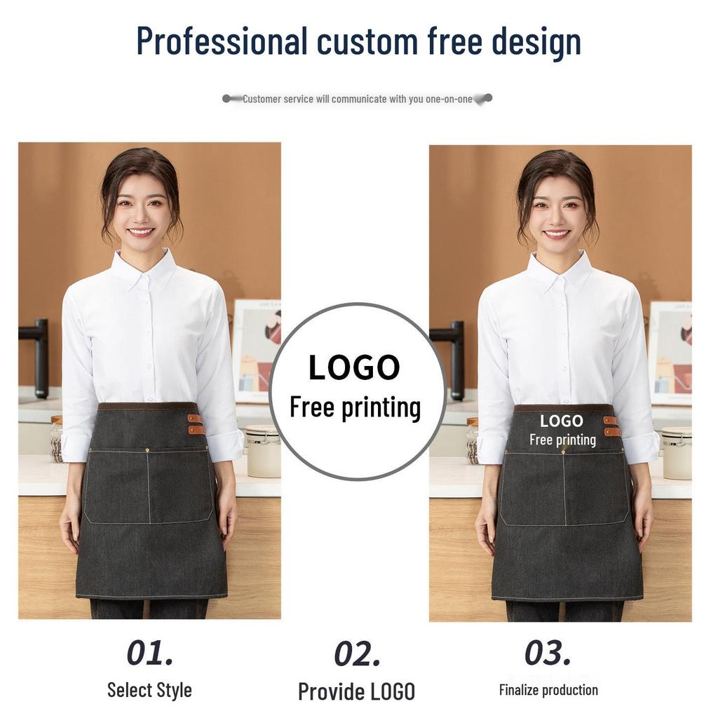 Unisex Black Half Apron - Korean Style Denim for Bar & Cafe Workers
