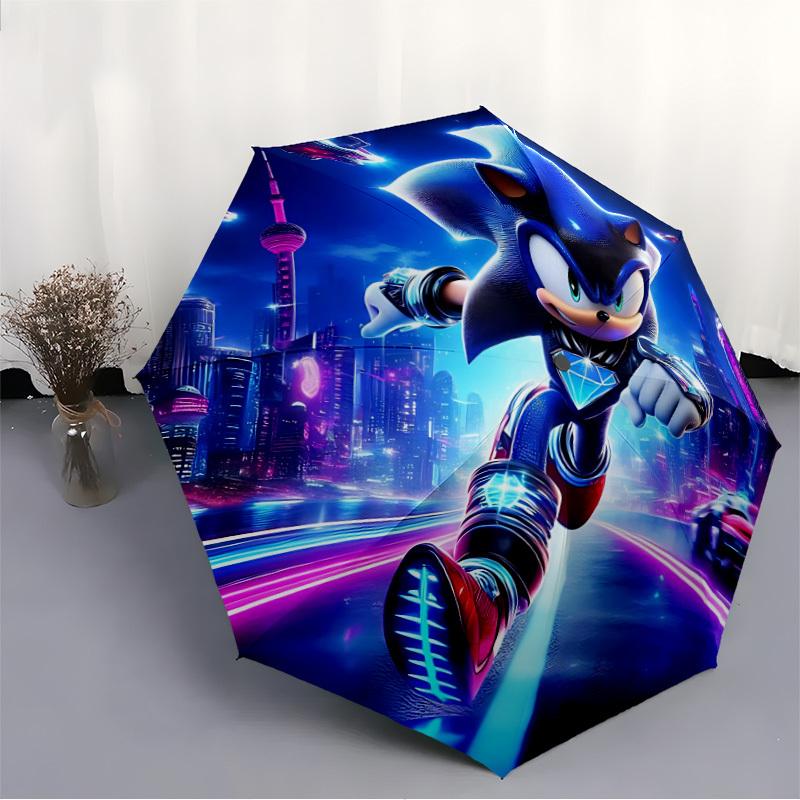1PC Sonic the Hedgehog Automatic Folding Umbrella - Compact 8-Rib Design, Durable Plastic & Iron, Daily Use F010621