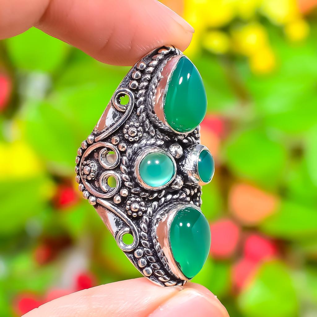 Natural Green Onyx Gemstone Handmade 925 Sterling Silver Ring Size 7 o6D47