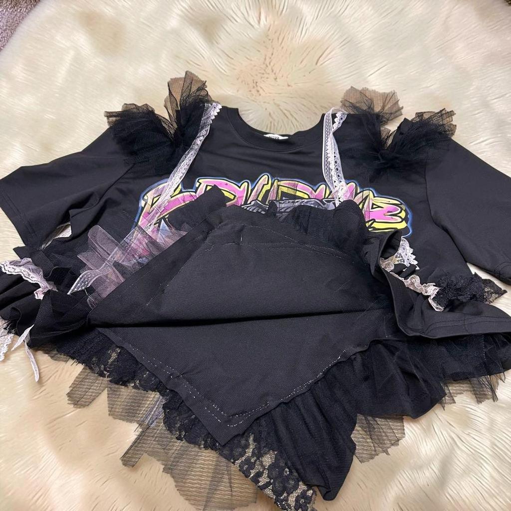 Used Y2K SYNAPSE FACTORY Graphic T-shirt Ruffle Lace Black