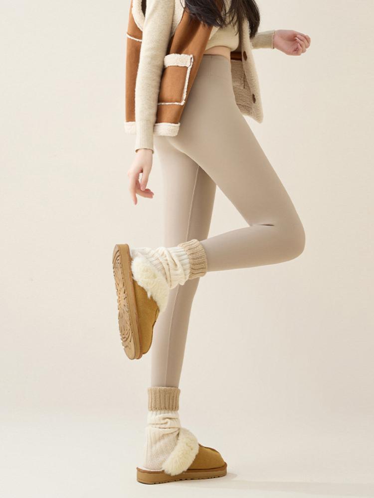 Autumn Winter Rabbit Fleece Sharkskin Leggings Women Casual Basic Thicken Warm Leggings Brown Fleece Lined Tights