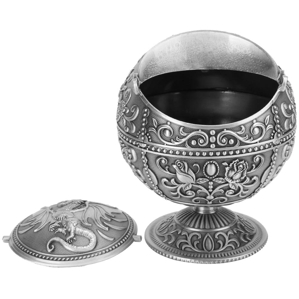 Vintage Ashtray Tellurion Shape Dragon Pattern Zinc Alloy with Lid Windproof Home Decor Craft