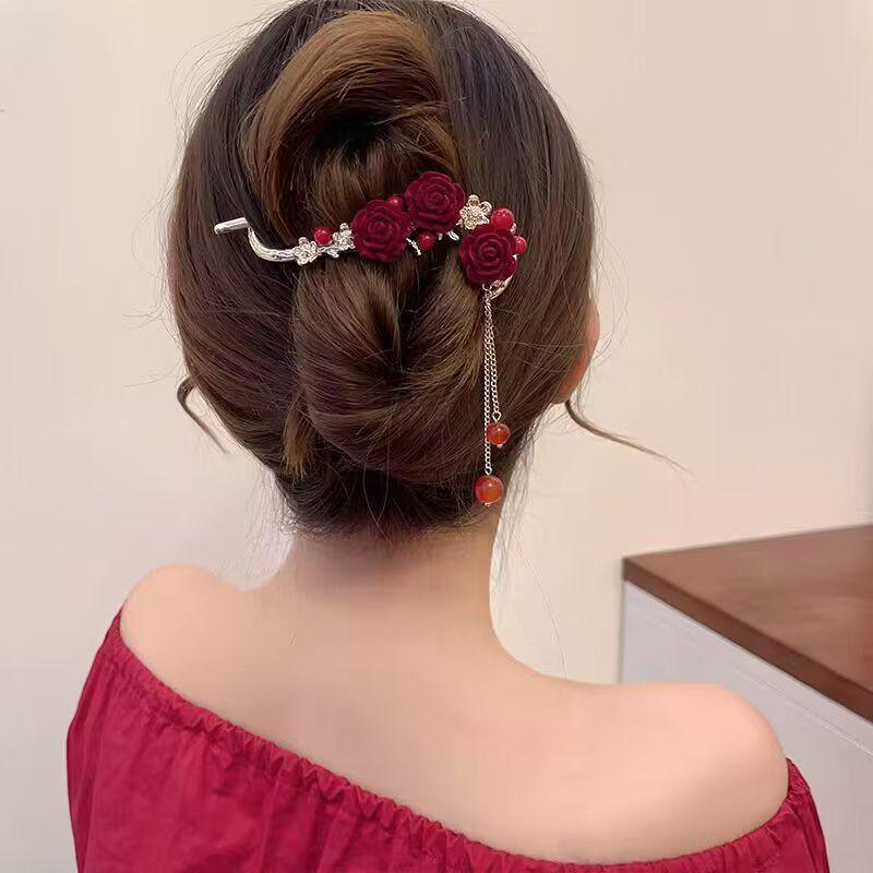 Elegant Rhinestone & Pearl Butterfly Tassel Hairpin - Women's Updo Clip