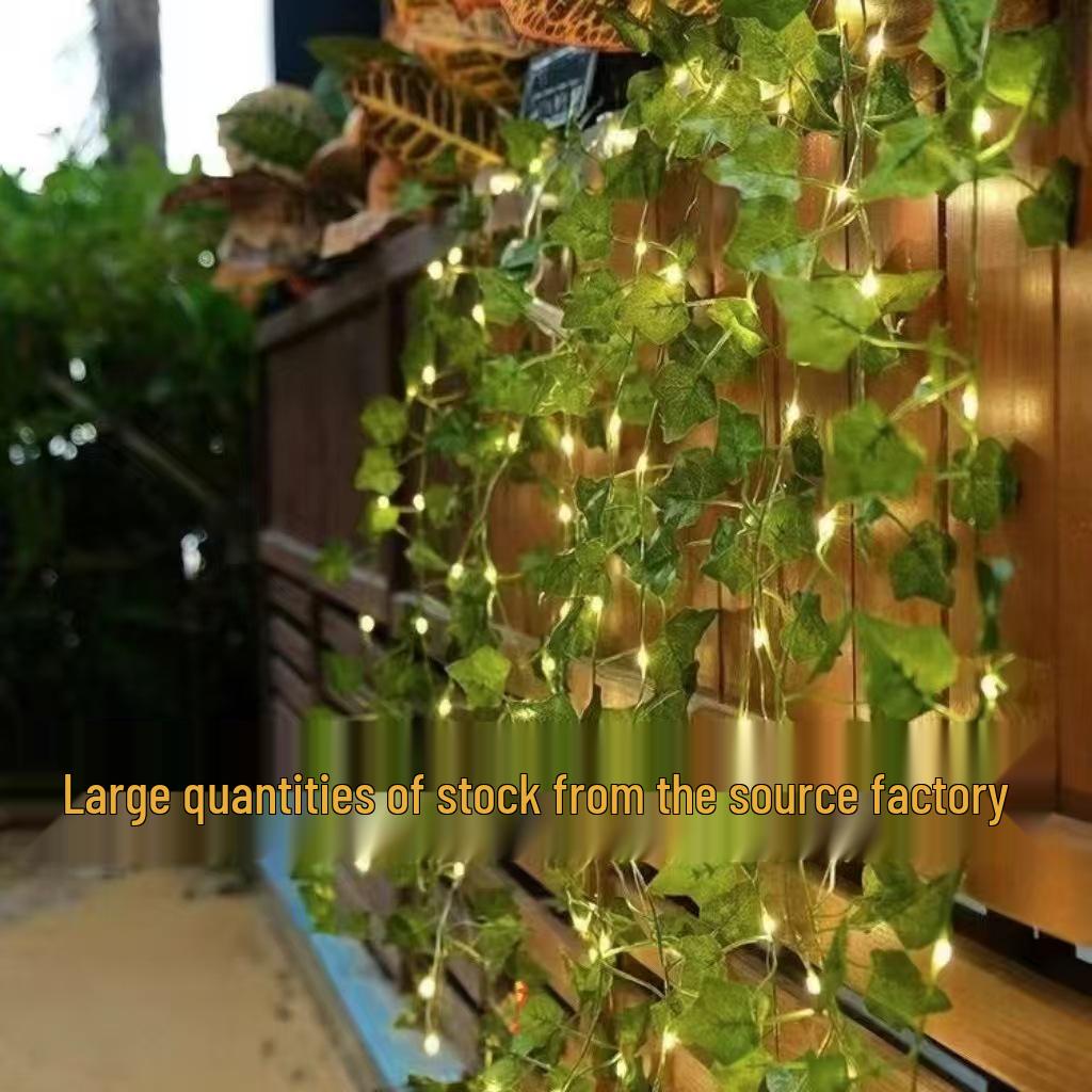 Solar-Powered LED Green Leaf Rattan String Lights - Fairy Copper Wire Vine Decor
