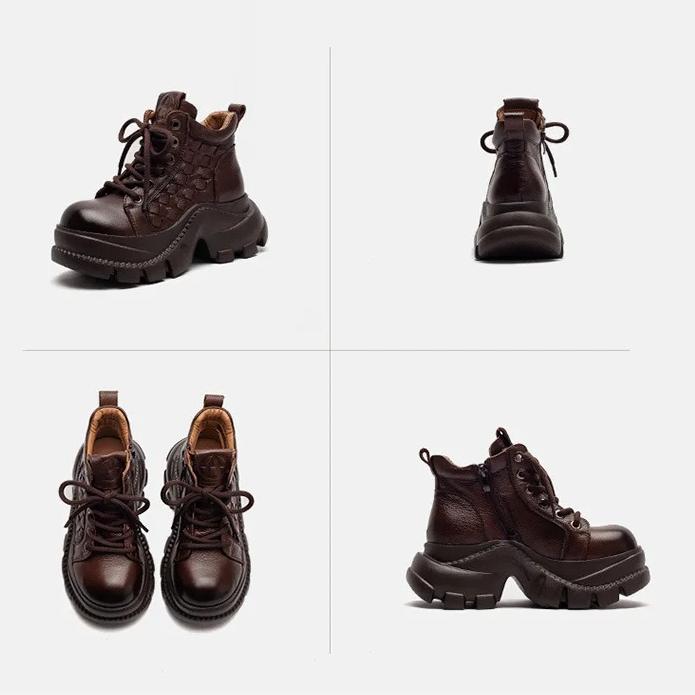 Johnature Retro Genuine Leather Thick Soled Short Boots Comfortable Side Zipper Women's Platform Shoes