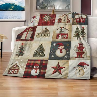 1pc Christmas Quilt with Festive Prints ,Sofa, Bed, Travel, Lunch Break, Flannel Blanket.