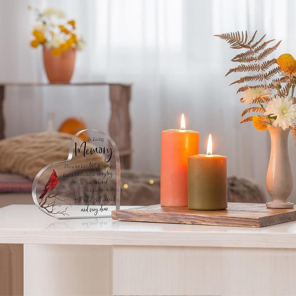 Cardinal Memorial Heart - Crystal Acrylic Sympathy Gift for Loss of Loved One