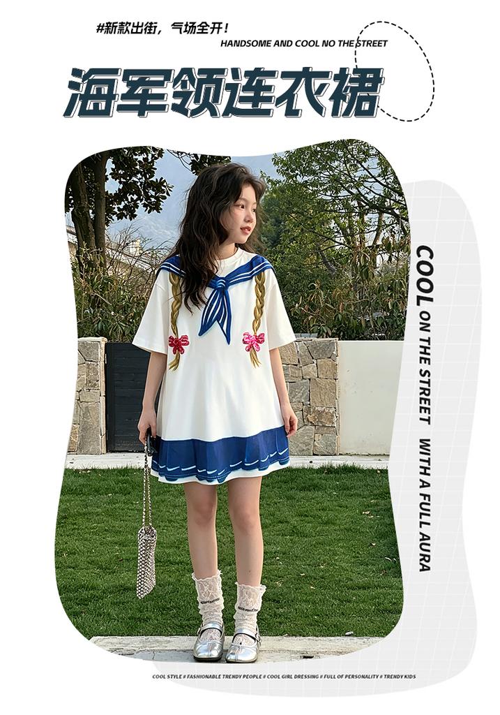 Navy Collar Dress for Girls In Summer, Thin Design for Junior High School Growth, T-skirt Print, Mid Length Skirt, College Style, Big Kid