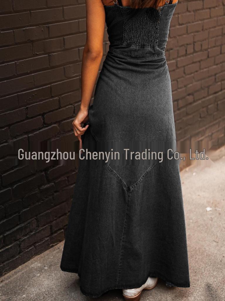 European & American Retro Washed Denim Suspender Swing Dress for Women