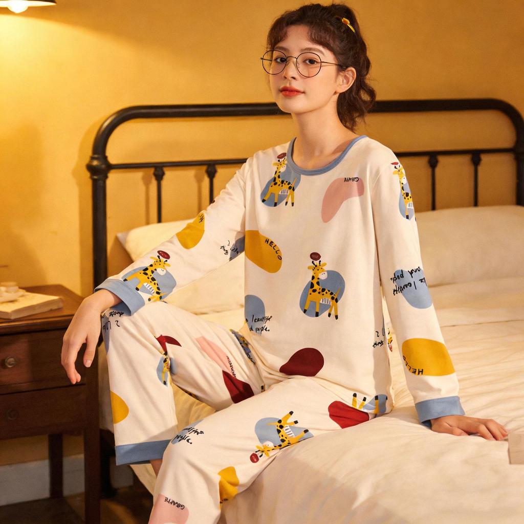 WeChat Herbst/Winter Damen Niedlicher Stil Rundhals Pyjama-Set - Langarm und Hose