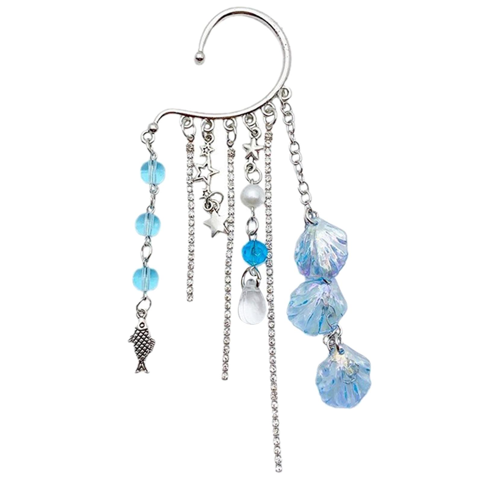 

Элегантная манжета на одно ухо в стиле океана. Изысканная металлическая вешалка для ушей с бахромой из бисера и ракушкой для повседневного ношения, свиданий и вечеринок. синий