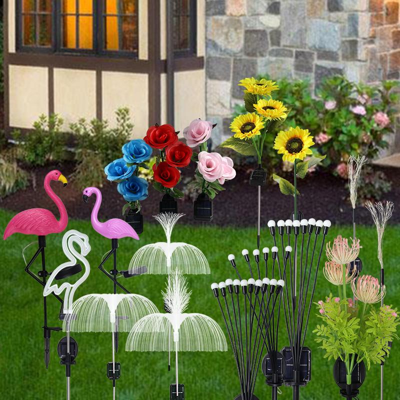 Solar-powered Garden Lights Landscape Yard Decoration Ground-mounted Lamp Flamingo Firework Sunflowers Roses Fireflies Jellyfish