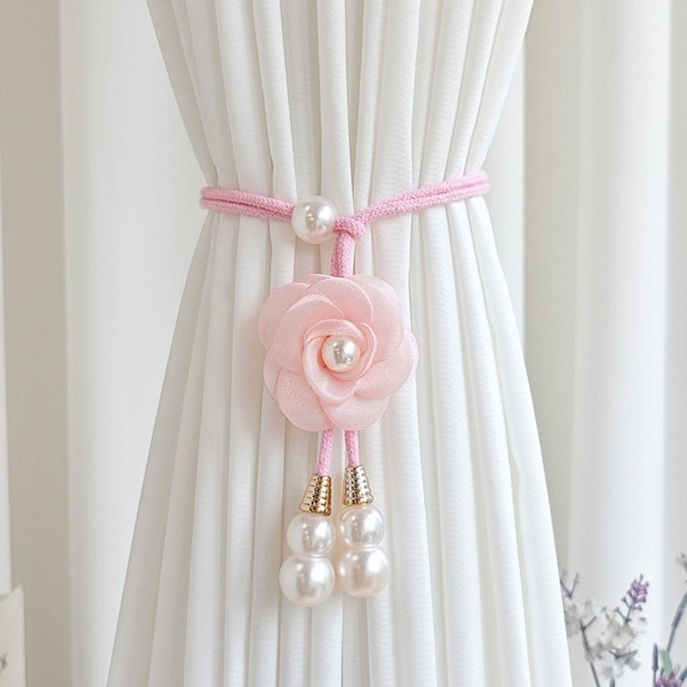 2Pcs Bohemian Modern Floral Curtain Tiebacks Pearl Minimalist Curtain Ties Adjustable 3D Flower Curtain Holdbacks Window Decor