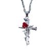 Gothic Punk Simulated Stereo Red Rose Flowers Winding Cross Pendant Stainless Steel Necklace for Women Halloween Witch Jewelry