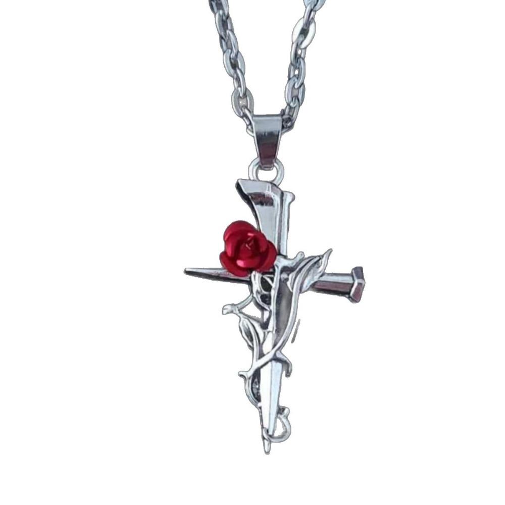 Gothic Punk Simulated Stereo Red Rose Flowers Winding Cross Pendant Stainless Steel Necklace for Women Halloween Witch Jewelry