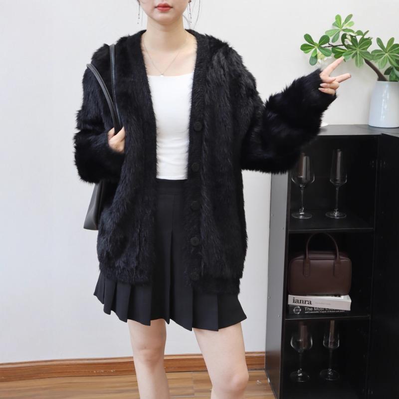 V-neck imitation mink velvet knitted cardigan autumn and winter new loose and gentle wind soft waxy sweater jacket women