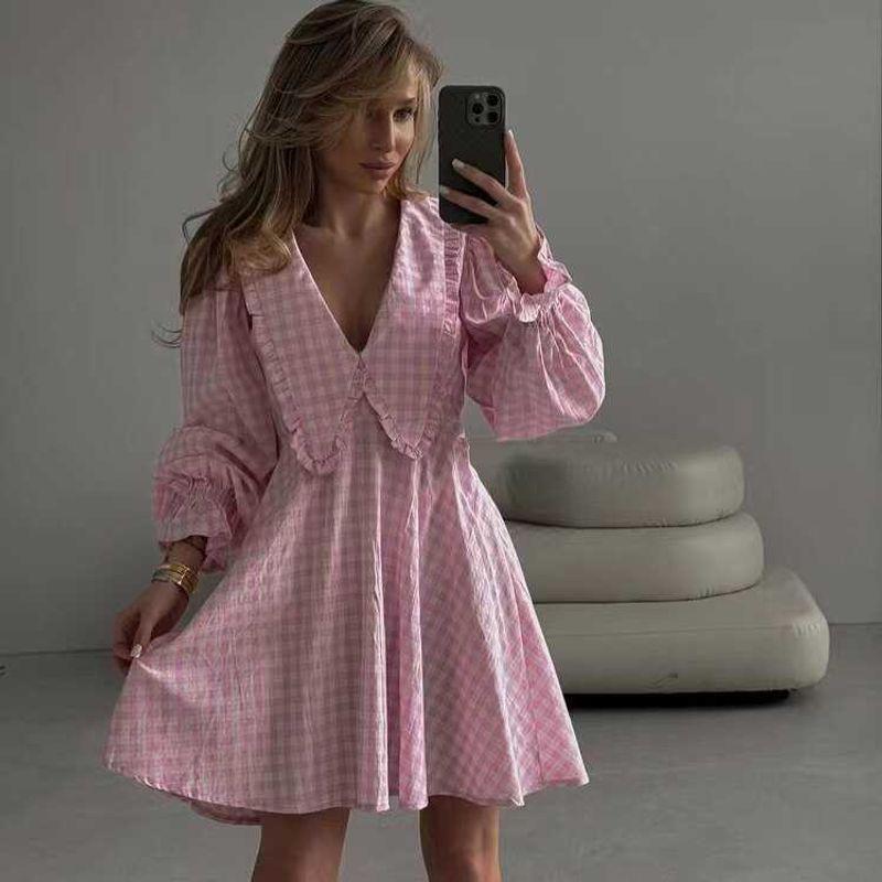 

European and American New Elegant Plaid Doll Collar Long sleeve dress Checkered Doll Collar Dress Pink S