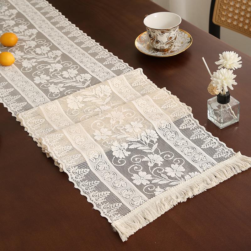 Elegant Nordic White Lace Table Runner with Crochet Tassels - Perfect for Dining or Coffee Tables, Ideal for Christmas Decor.