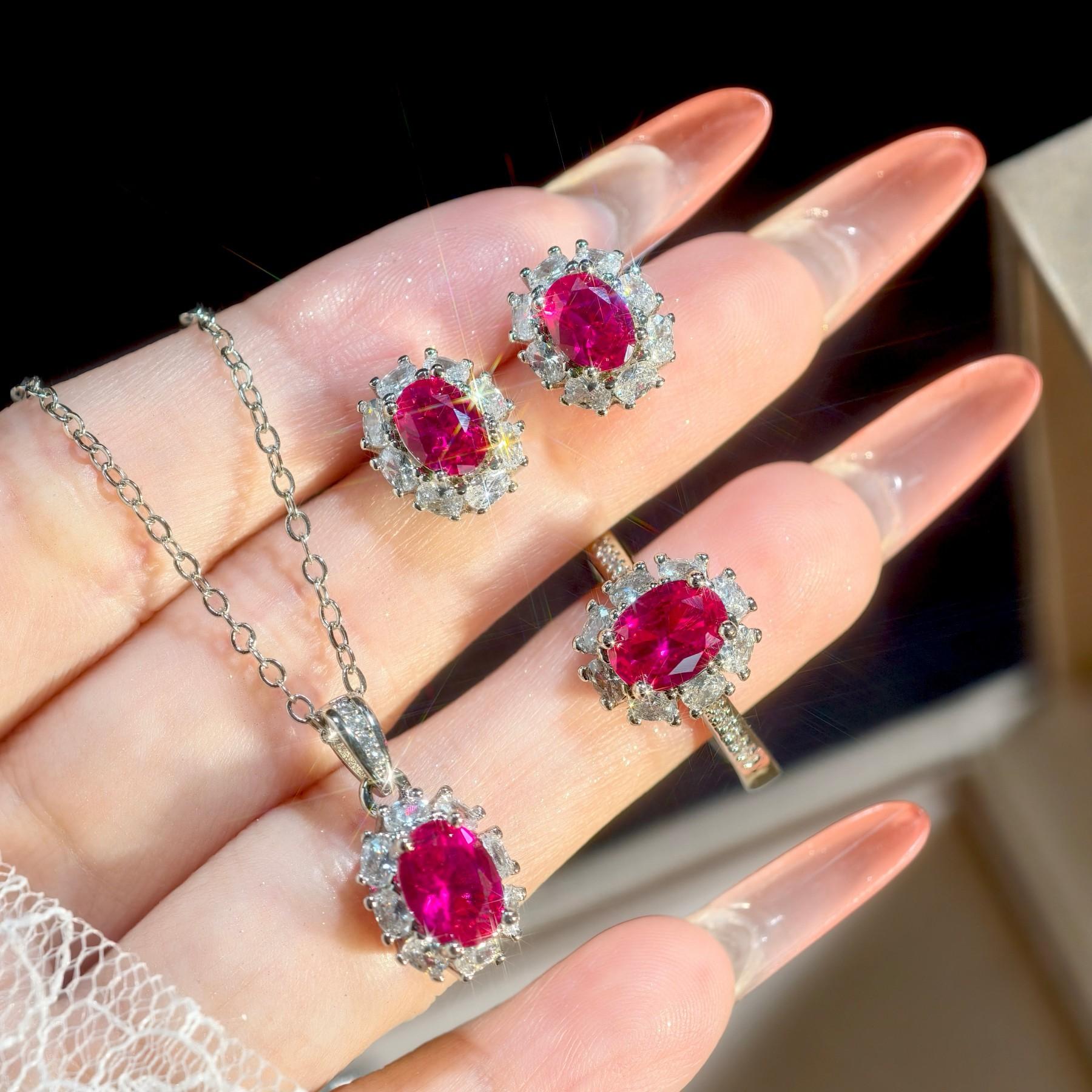 

Niche light luxury red corundum fluorescent lamp color-changing Davis style pendant necklace women s open ring stud earrings three-piece set 2026 45CM