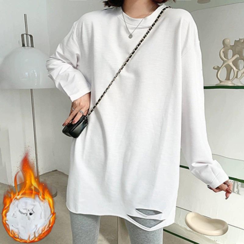 Autumn and Winter New White Long-sleeved T-shirt Women's Medium and Long Loose European Velvet Inner Ripped Bottoming Shirt