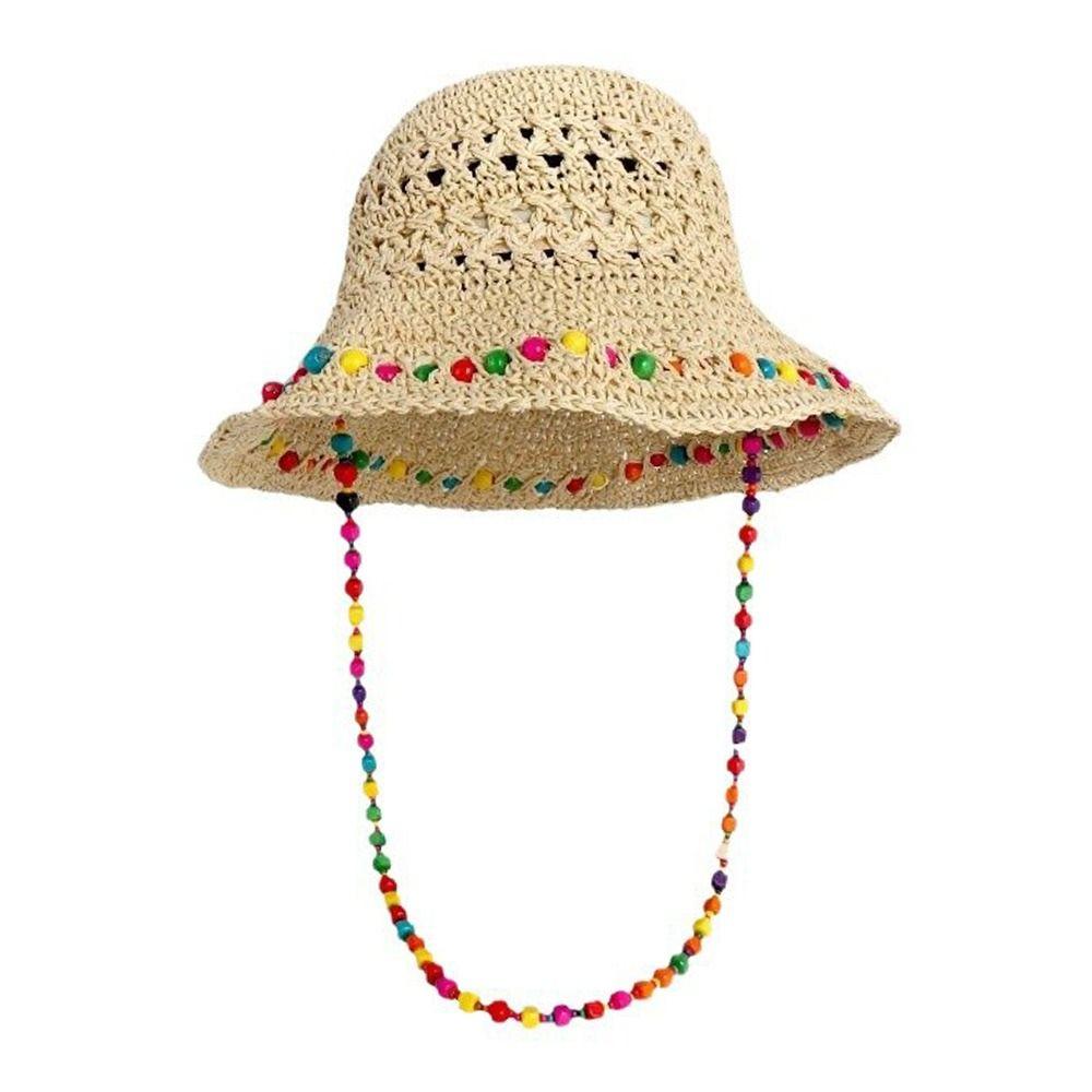 Foldable Straw Hat Color Wood Beads Sunscreen Hat New Sun Cap