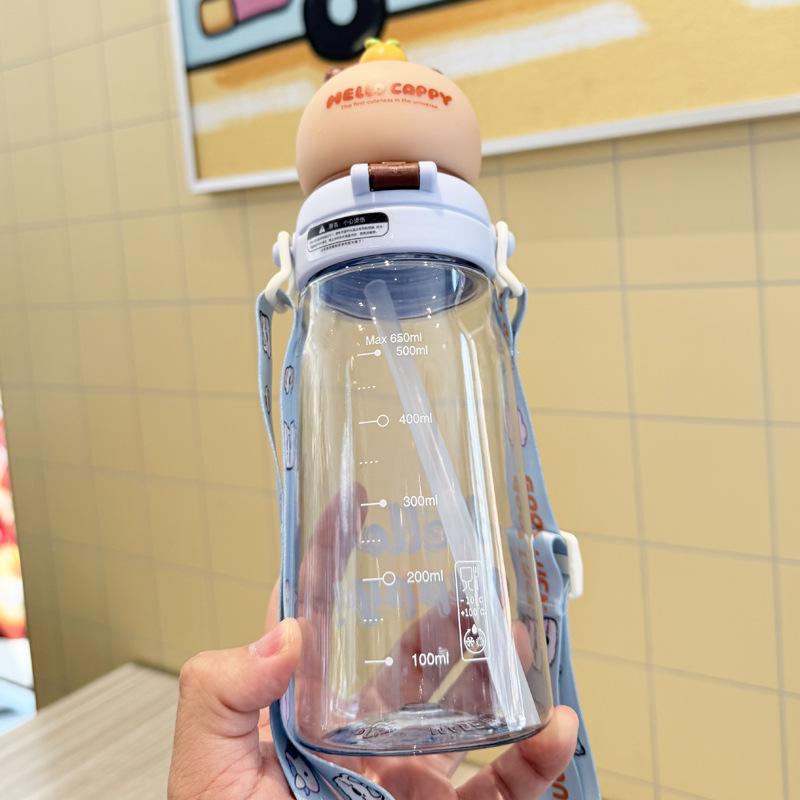 Cartoon Bear Straw Cup: Portable Flip-top Water Bottle with Lanyard
