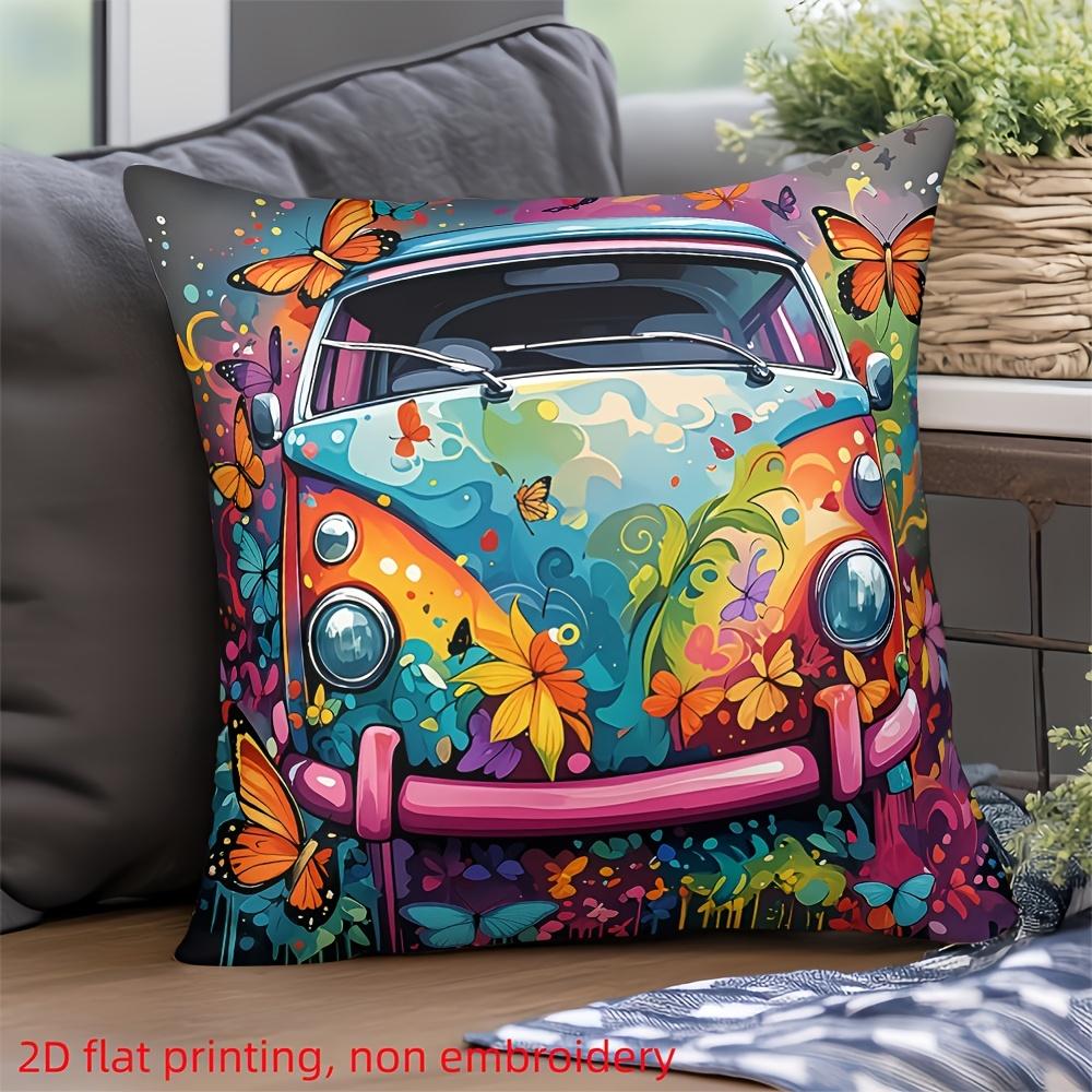 

Colorful Vintage Van Pillowcase Hippie Flower Butterfly Car Cushion Cover Boho Psychedelic Home Decor Living Room Sofa Throw 40cmx40cm