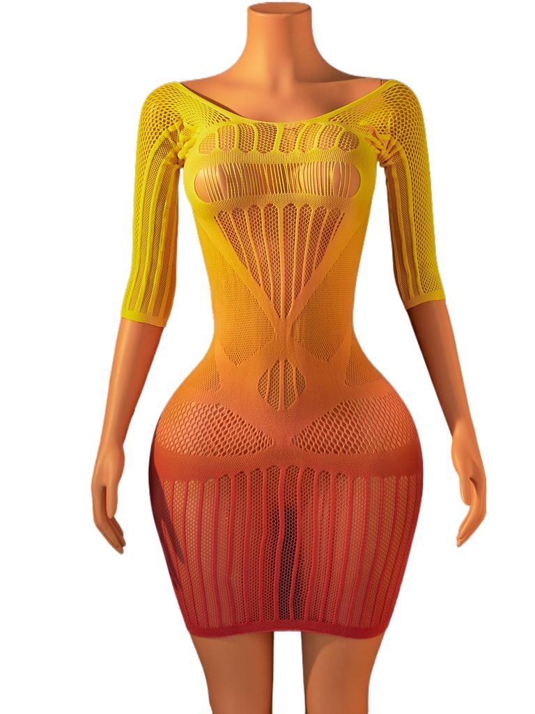 Fhseer Women'S Sexy Lingerie Gradient Color See Through Mesh Dress Half Sleeve Cutout Bodycon Mini Dress Night Club Party Wear