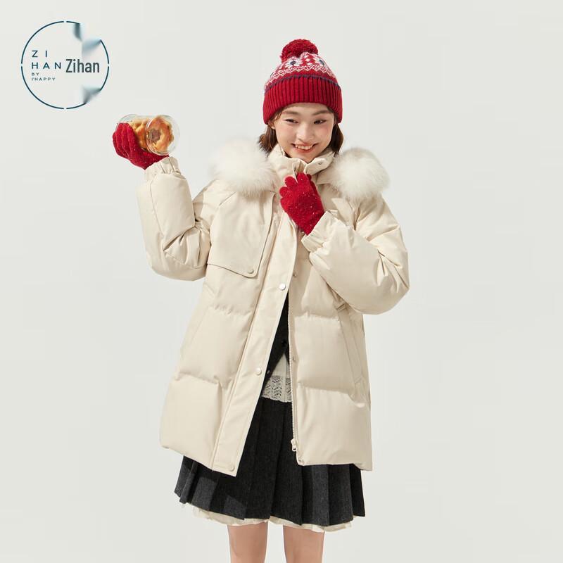 ZIHAN Women's Mid-Length Hooded Down Jacket with Fox Fur Collar