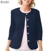 ZANZEA Women Casual Round Neck Solid Color 3/4 Sleeve Cotton Blouse