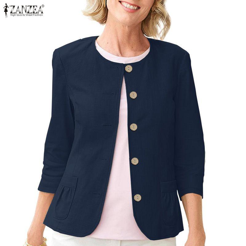 ZANZEA Women Casual Round Neck Solid Color 3/4 Sleeve Cotton Blouse