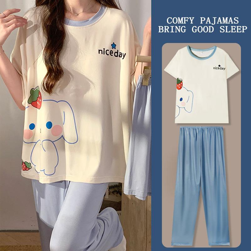 Summer Sweet Women's Pajamas Small Fresh Flowers Strawberry Short-sleeved Trousers Set Loose and Can Be Worn Outside Loungewear
