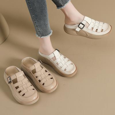 Baotou Slippers Women's Fashion High-end Sense with Skirts Summer New Leather Half-drag Hollow Cool Slippers