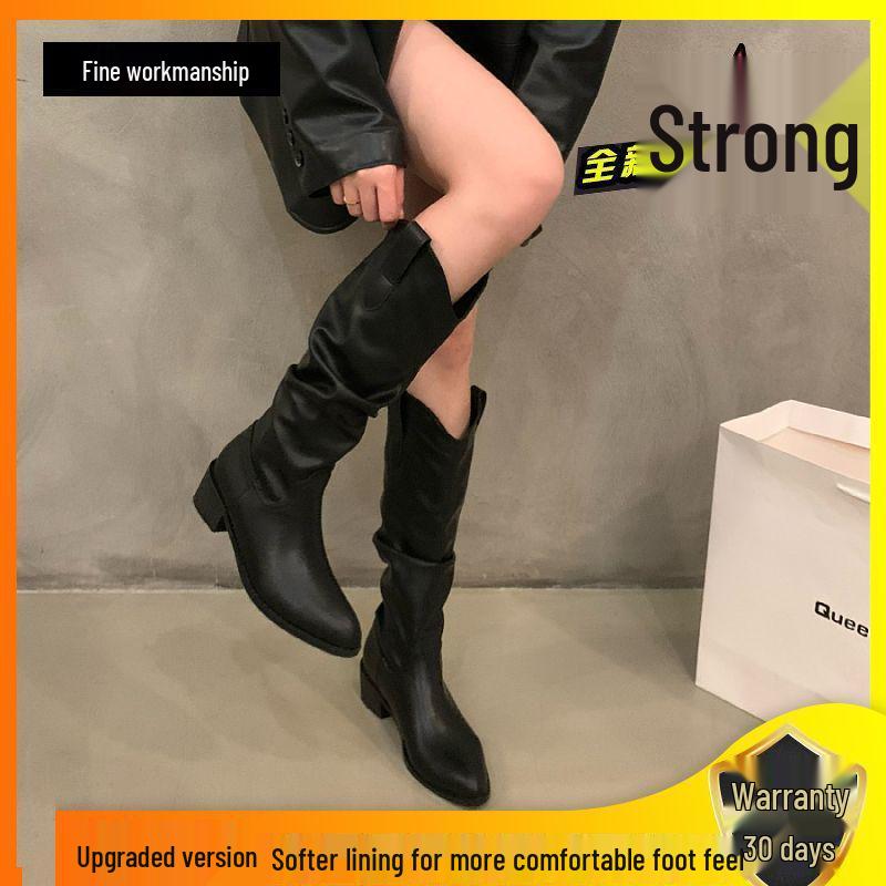 Klackade V-skurna Bruna Cowboykängor till Mitten av Vaderna, Vår/Höst 2025, Spetsig Tå Westernstil för Kvinnor