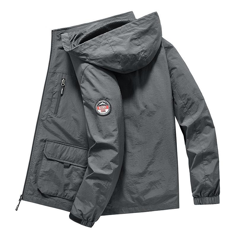 Spring Autumn Loose Zipper Hooded Windbreaker Men Casual Thin Trendy Jacket Outwear Coat For Daily Mountaineering Outdoor Activities