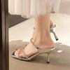 Fashion Summer New Slippers Rhinestone Silver Line with Square Head Thin Heels High Heels Sandals Wear Women Exquisite Sandals